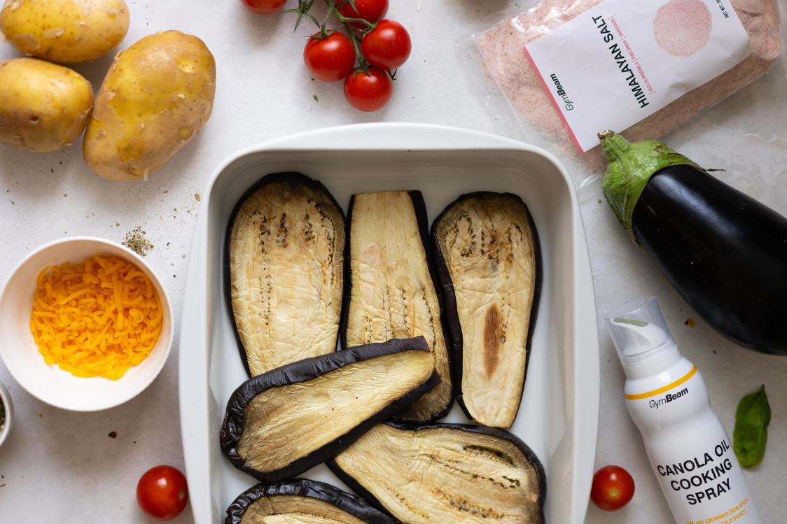 Moussaka - layering the aubergines