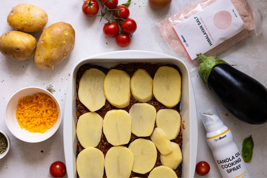 Moussaka - layering the potatoes
