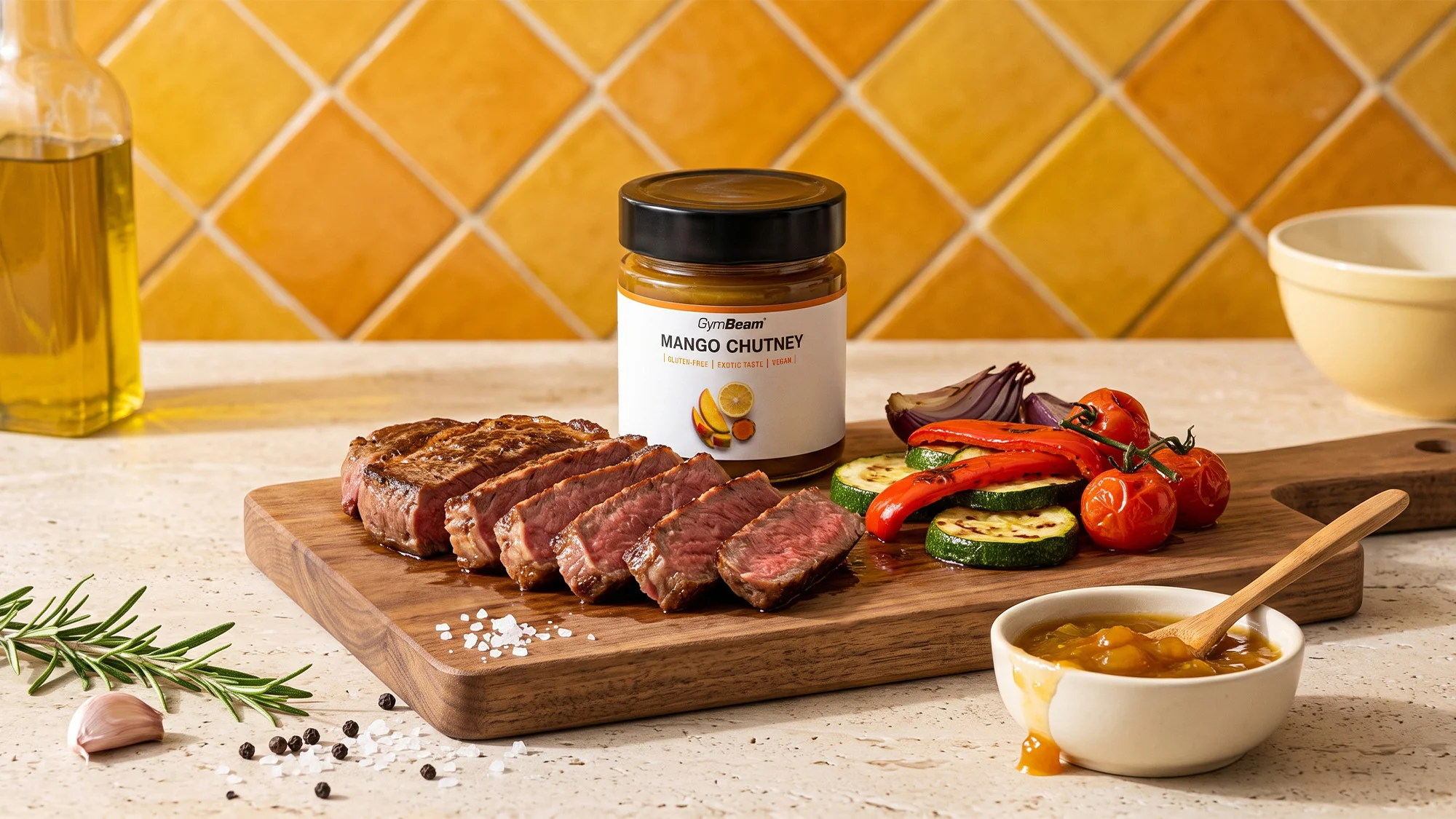GymBeam Mango Chutney. A fat-free sauce made from ripe mangoes with no added preservatives, perfect for adding flavor to grilled meat, cheese, burgers, and Asian dishes.