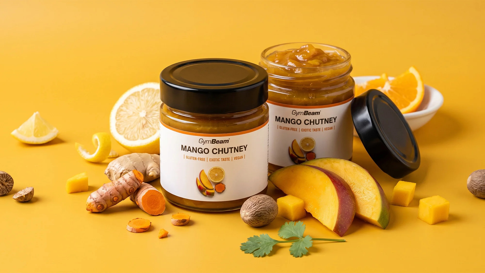 GymBeam Mango Chutney. A sweet-and-sour cold sauce made with 68.8% mango, enhanced with turmeric, dried ginger and nutmeg, with no artificial flavourings.