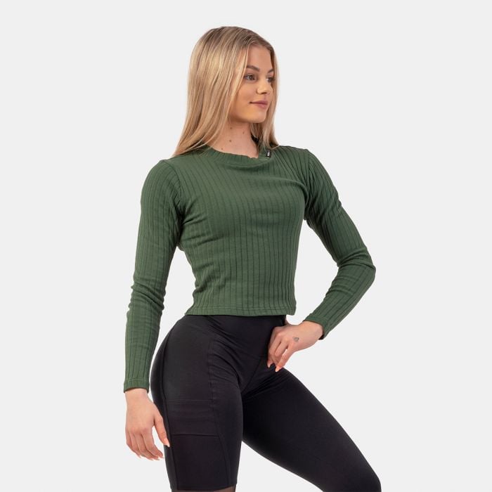 Women‘s Ribbed Long Sleeve Top Organic Cotton Dark Green - NEBBIA