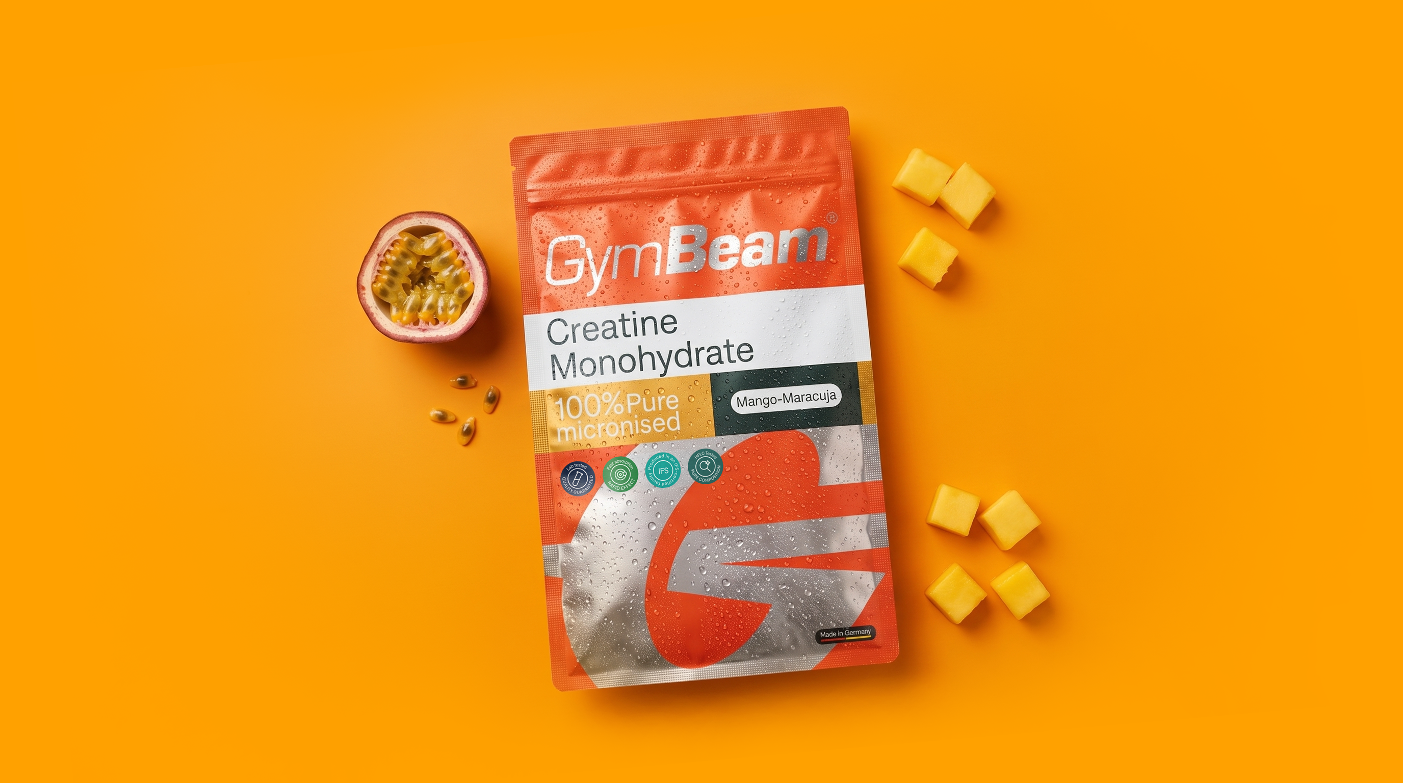 Creatina monoidrato 100 % micronizzata Mango-Maracuja — confezione del prodotto